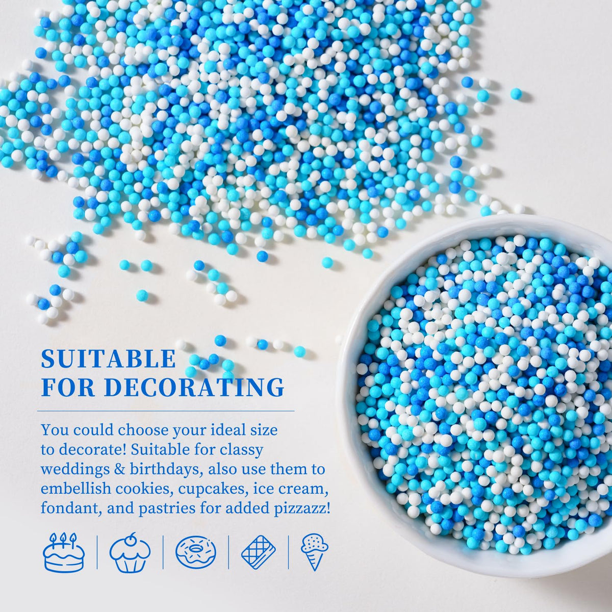 Blue Edible Pearl Sprinkles 2mm, Blue and White Sprinkles, Nonpareils Sprinkle for Cupcakes, Cakes