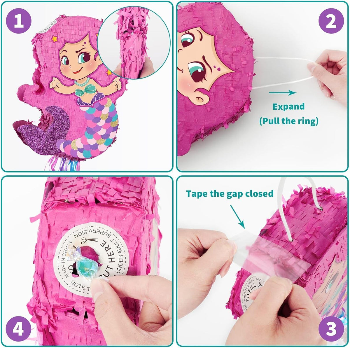 WERNNSAI Foldable Mermaid Pinata - Pull String Mermaid Birthday Party Supplies Extendable Mermaid