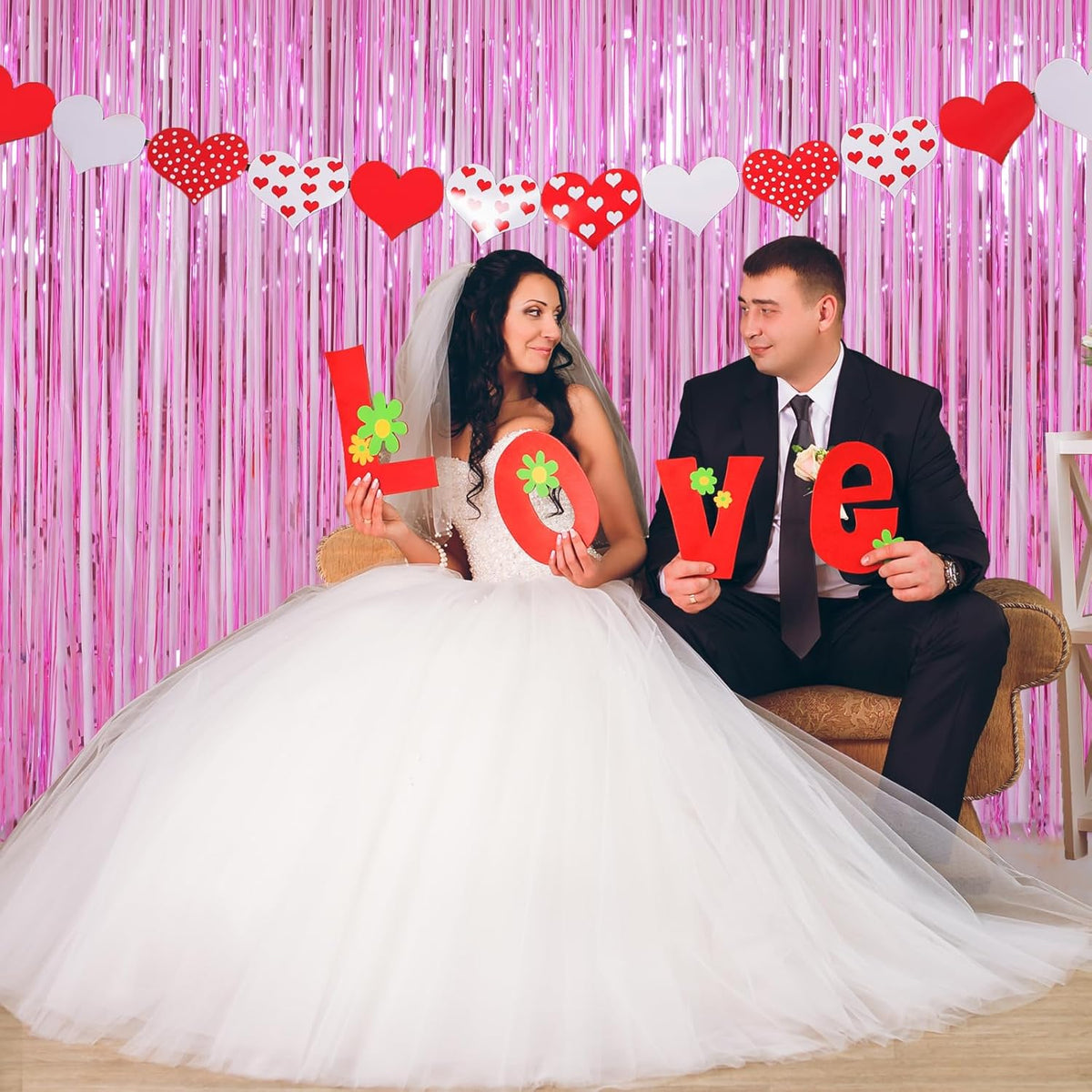 Pink Foil Fringe Curtains Tinsel Backdrop, Melsan 3.2 x 8 ft Metallic Tinsel Curtains Party