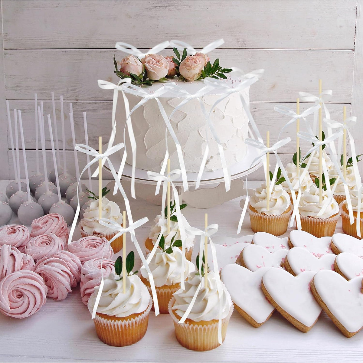 Ephlyn 30Pcs Bow Cupcake Toppers Valentine's Bowknot Ribbons Coquette Bow High Footed Cup Balloon