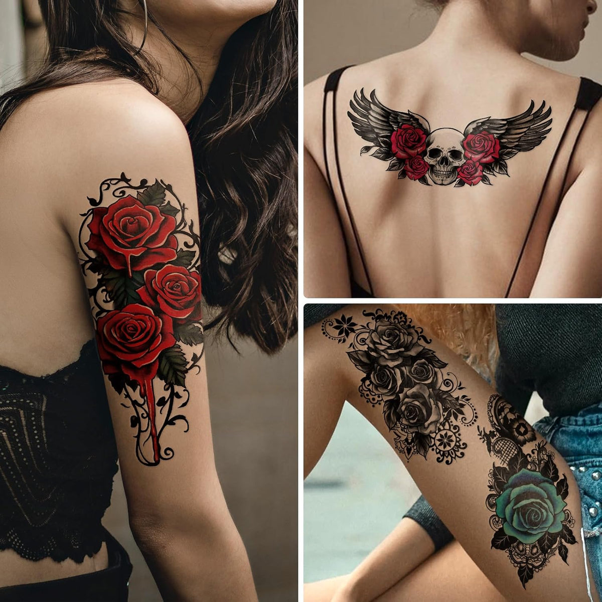 77 Sheets Skull Flower Realistic Temporary Tattoos For Women Men Adult, Large Rose Bones & Flowers