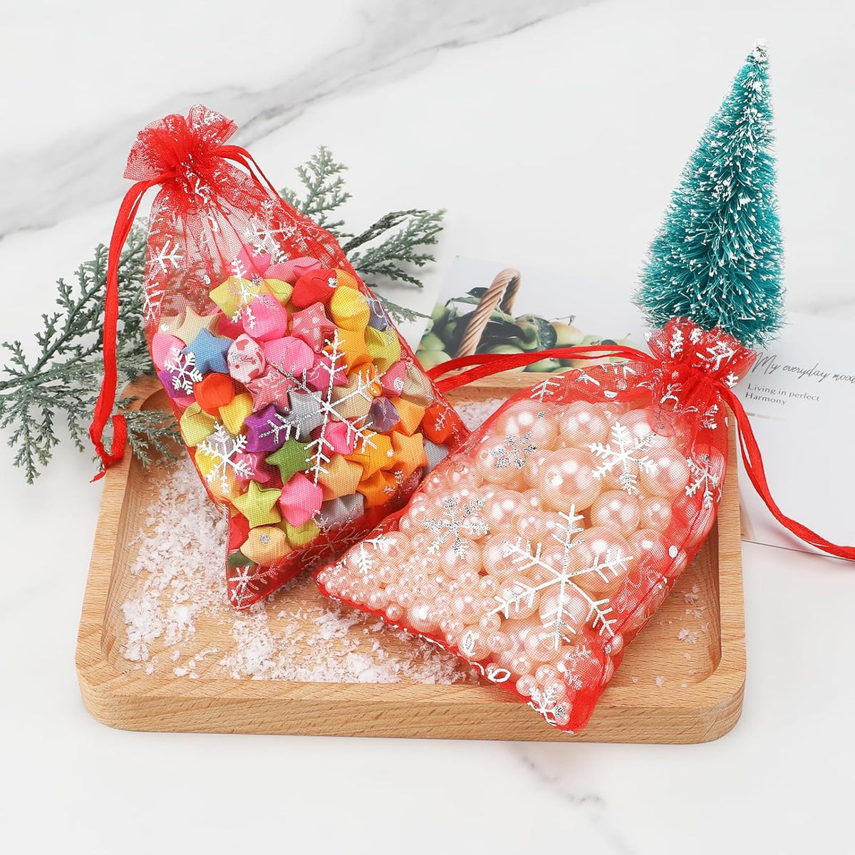 jijAcraft 4x6 Inch Christmas Organza Bags - 50Pcs Red Snowflake Gift Bags with Drawstring, Xmas