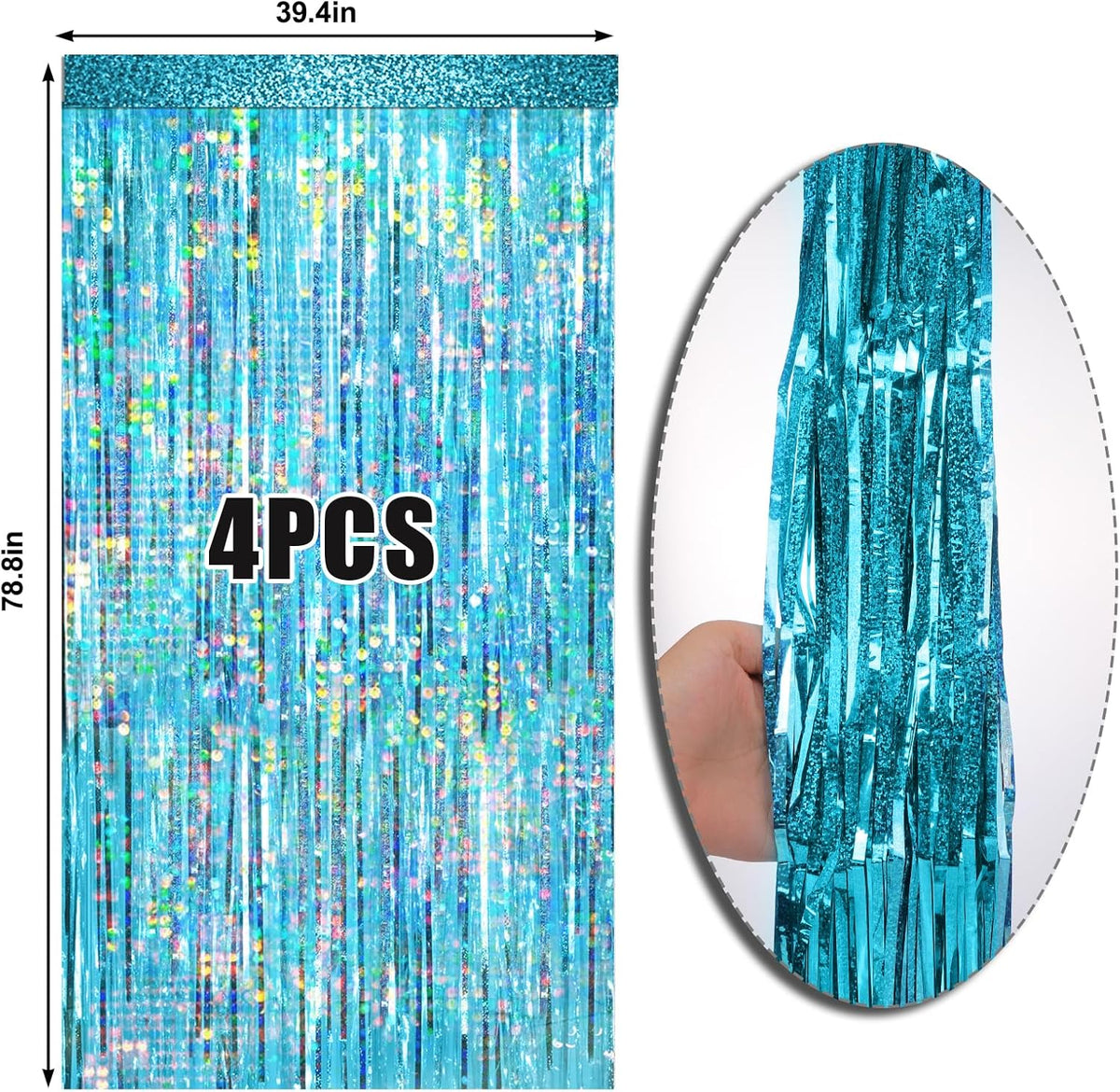 4 Packs Blue Foil Fringe Curtain, Light Blue Glitter Metallic Tinsel Backdrop for Birthday