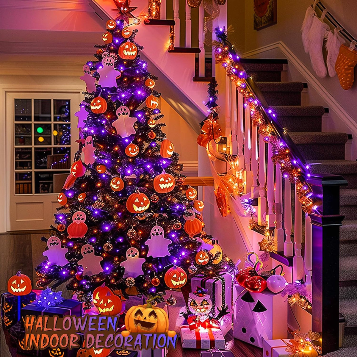 JMEXSUSS 600 LED Christmas String Lights Outdoor, Orange and Purple Lights Clear Wire, Christmas