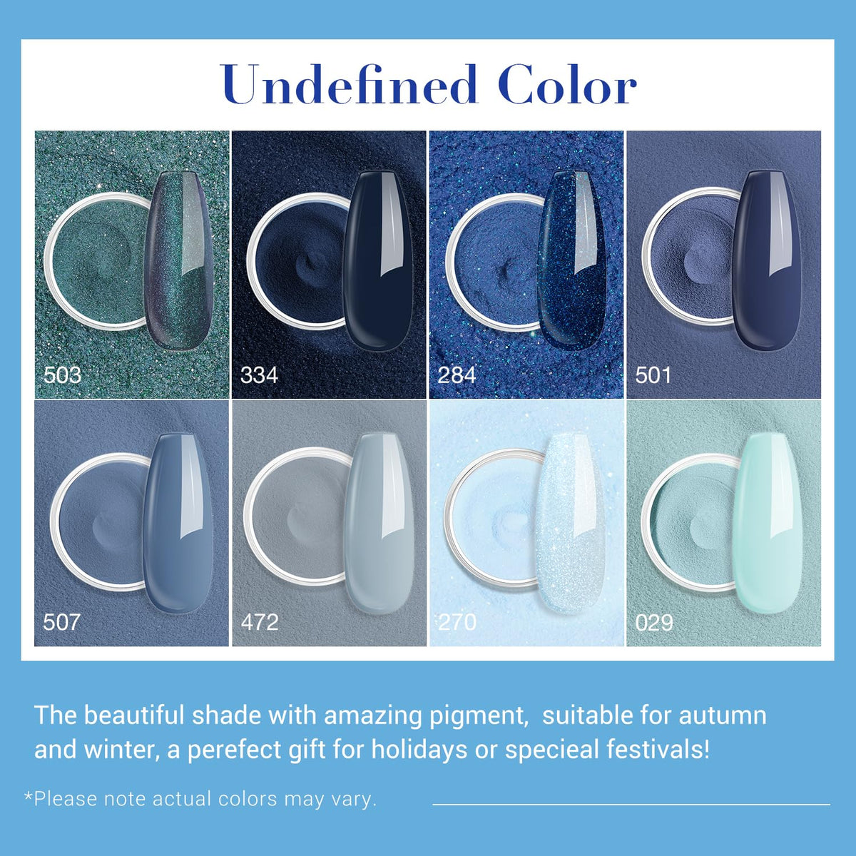 AZUREBEAUTY 30Pcs Dip Powder Nail Kit Starter with Nail Sticks, Glitter Baby Dark Blue 8 Colors