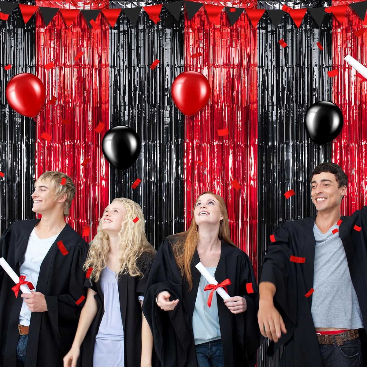 3 Pack 3.3Ft x 6.6Ft Graduation Foil Fringe Curtain Backdrop Decorations, Red Black Metallic Tinsel