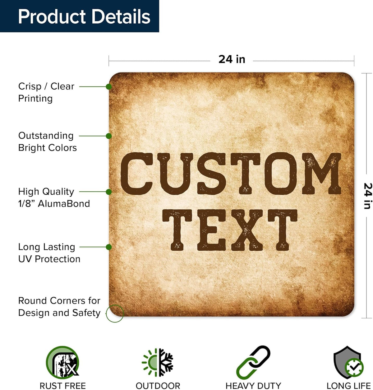 Custom Sign, Custom Street Sign, 11 Font Colors, 13 Font Styles, 4 Hole Options, 22 Sizes, 24x24
