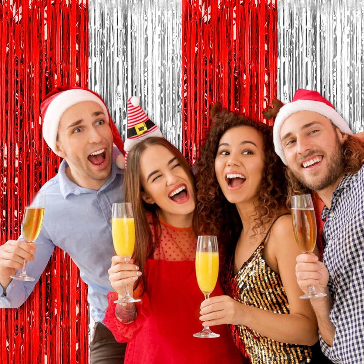 6 Pack Red and Silver Foil Fringe Curtains Backdrop, 3.28 x 8.2 Ft Metallic Streamers Tinsel