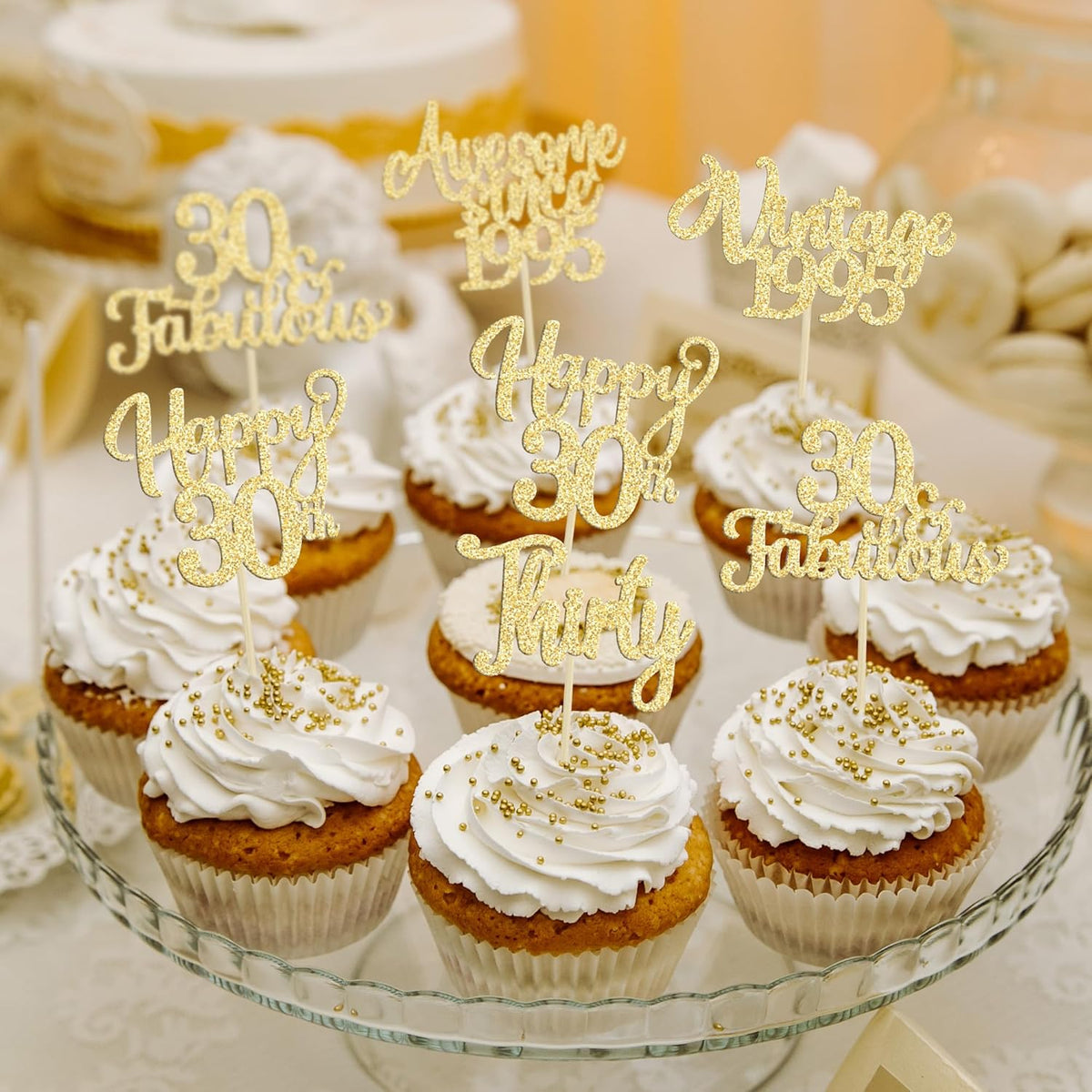 30Pcs Vintage 1995 Cupcake Toppers Glitter Thirty Happy 30th Birthday 30 Fabulous Cupcake Picks