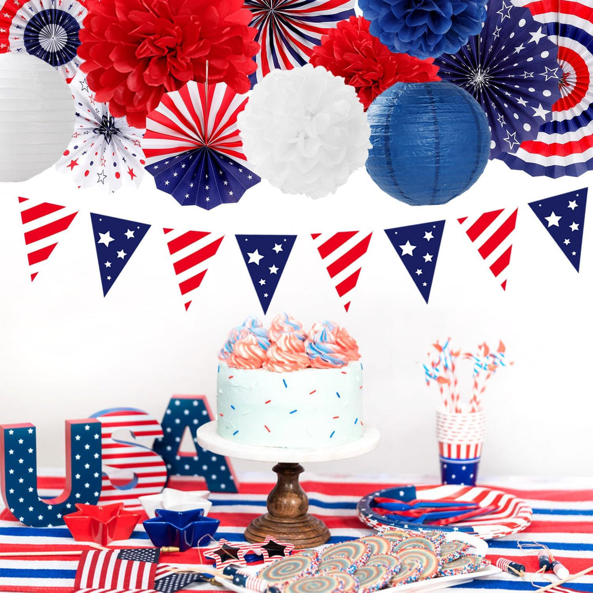 Red-White Blue Memorial-Day Patriotic Decorations - 21pcs 4th Fourth of July Paper Lanterns