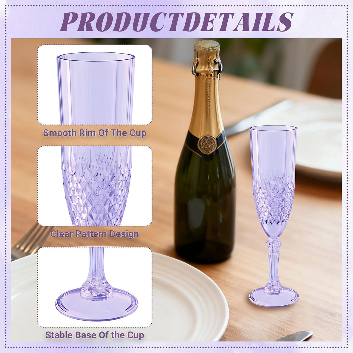 Plastic Champagne Flutes, 12PCS Purple Wine Glasses Goblets Cups Reusable Flute, for Weddings