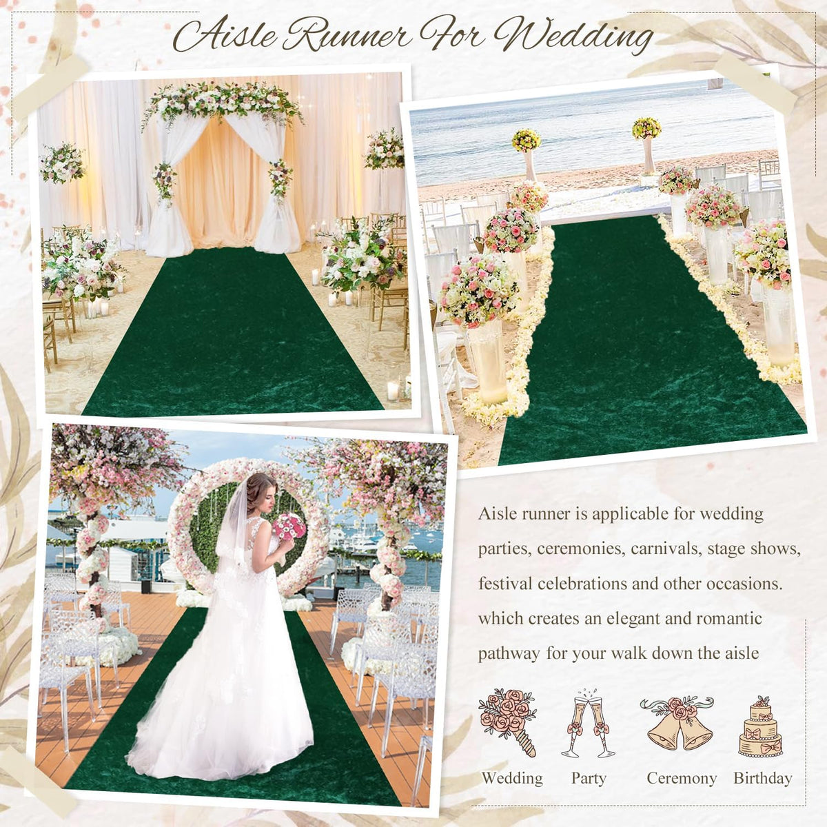 MODFUNS Wedding Aisle Runners Dark Green Aisle Runner 4FTx25FT Velvet Carpet Runner for Party
