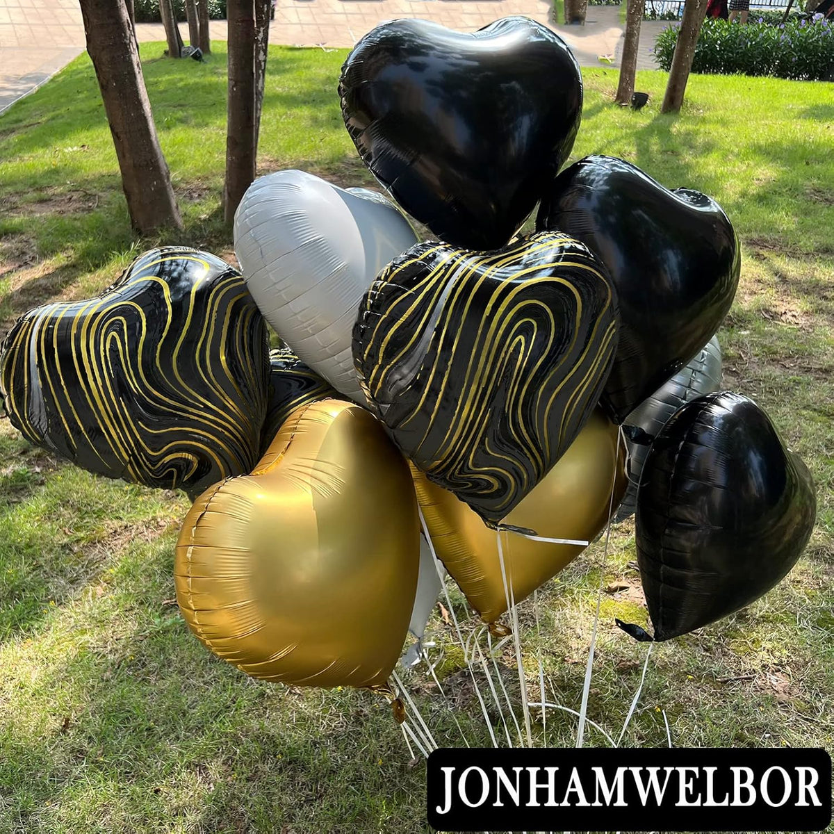 Jonhamwelbor 20Pcs 18 inch Marble Black Foil Mylar Heart Shape Balloons Decorations Valentines