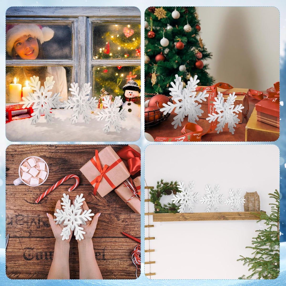 Qunclay 20 Pcs Wooden Snowflake Decorations 3D Snowflake Tabletop Decor Christmas Signs and