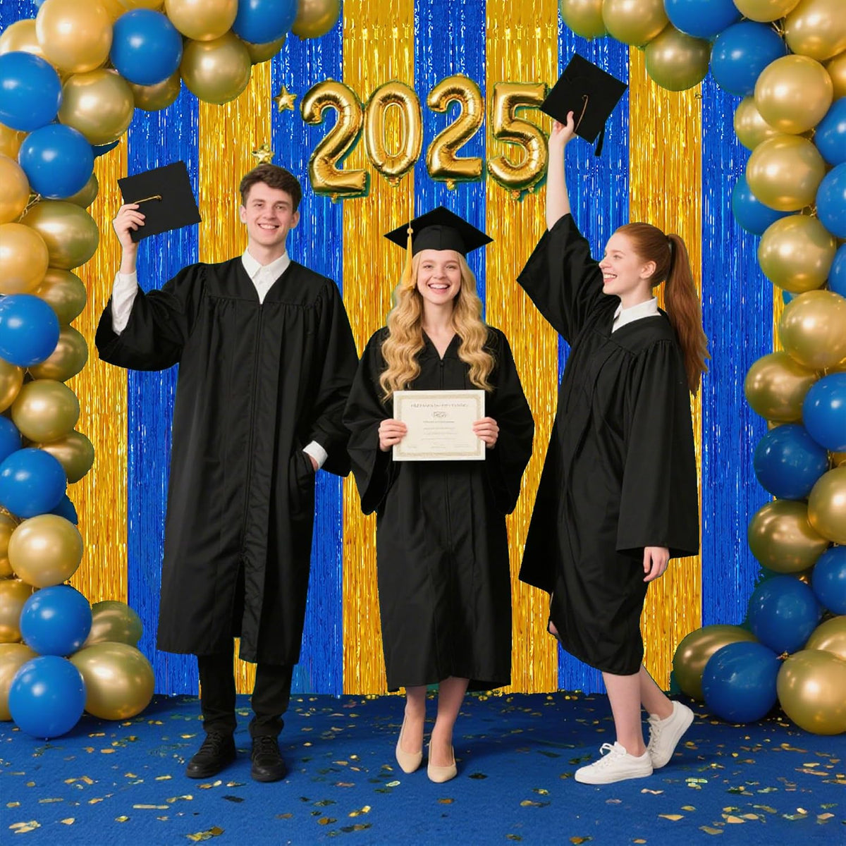 TONIFUL 2Pcs Blue Gold Door Streamers,Green Photo Booth Backdrop,Metallic Streamers Green Foil