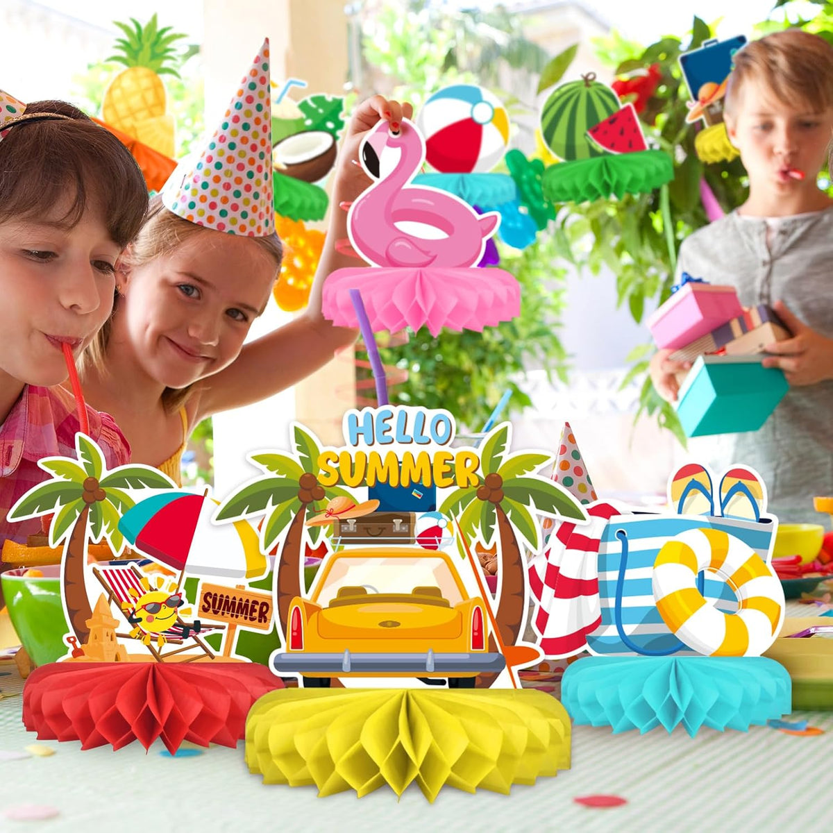 Beach Party Decorations Kit - Beach Themed Honeycomb Centerpieces and Table Decor for Summer & Pool