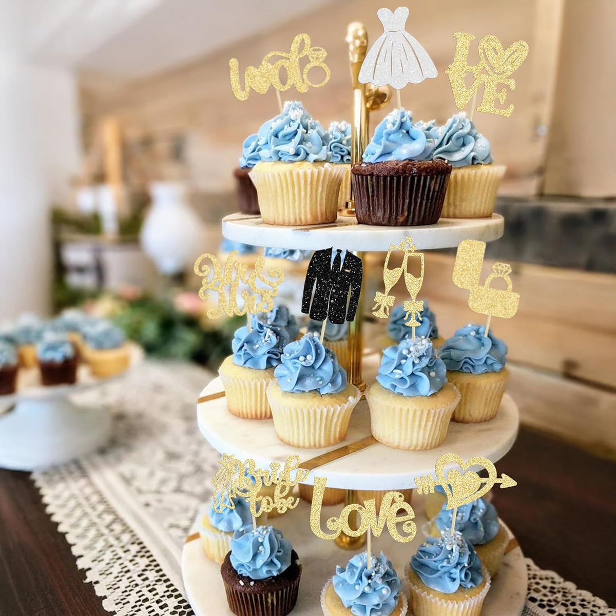 Ephlyn 30Pcs Bride to be Cupcake Toppers Glitter Diamond Ring Love I Do Cupcake Picks for Miss to
