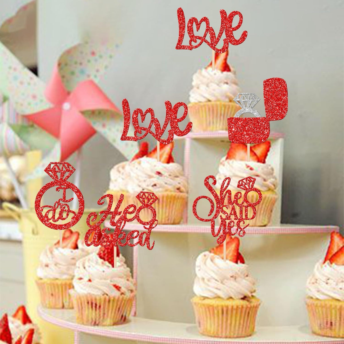 30 PCS He Asked She Said Yes Cupcake Toppers Diamond Ring Cupcake Picks Love I Do Bridal Shower