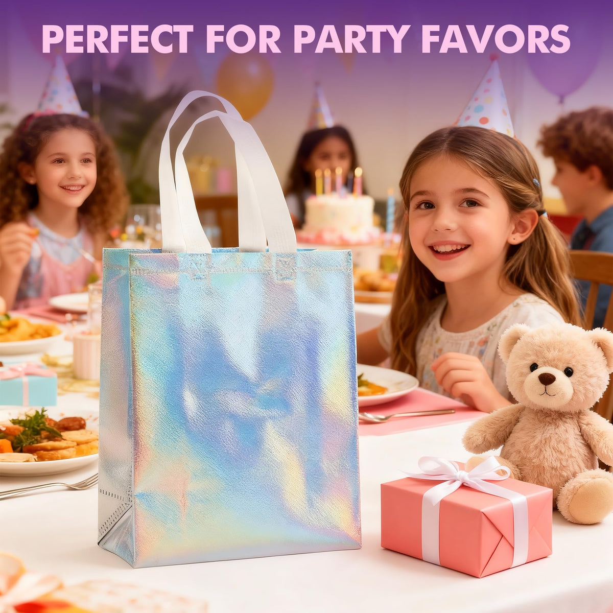 PACKINNO 15 Pcs Iridescent Gift Bags with Handles, 8x4x10 Inch Holographic Reusable Gift Bags
