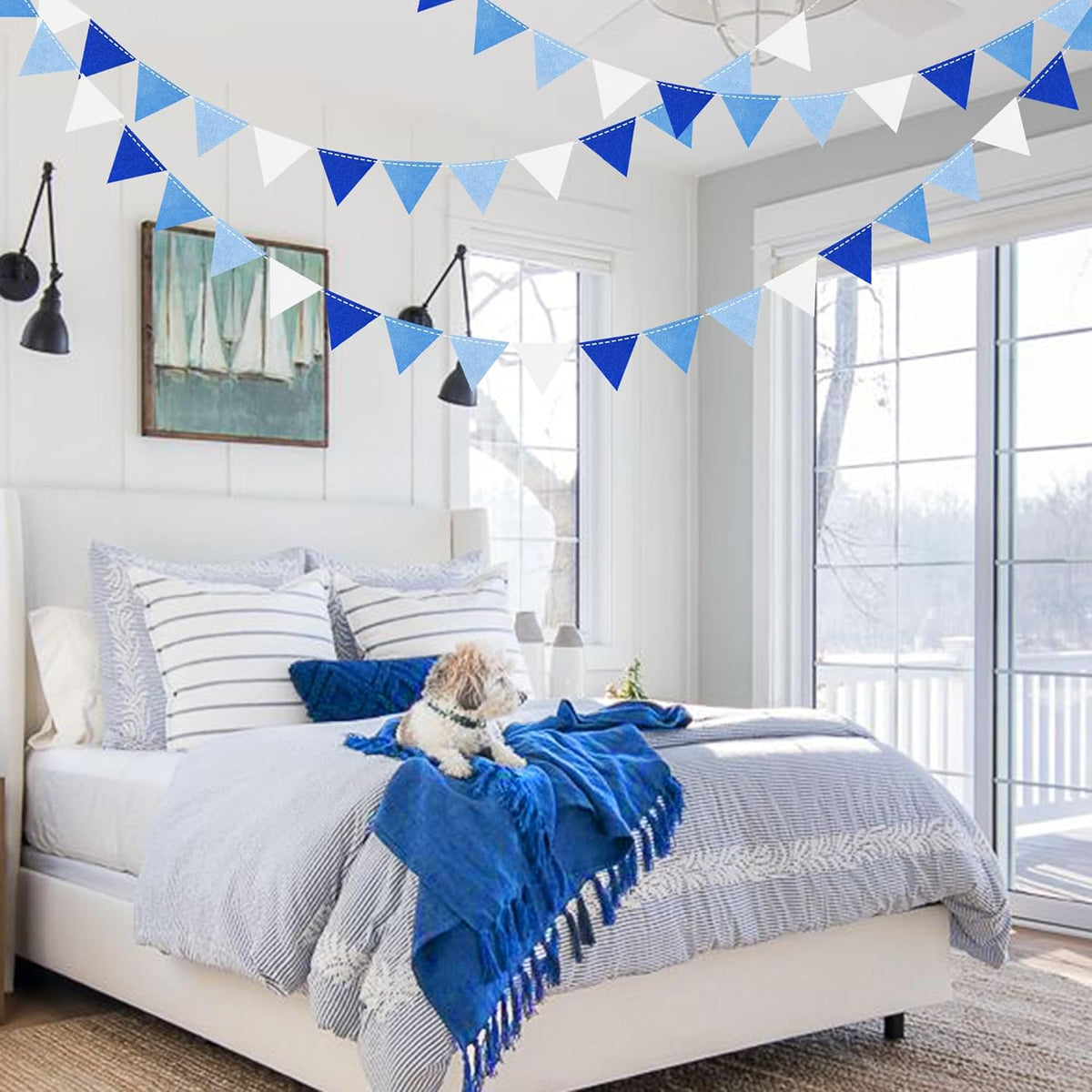Blue Party Decorations Felt Hanging Triangle Mini Bunting Pennant Banner Flag for Birthday Wedding