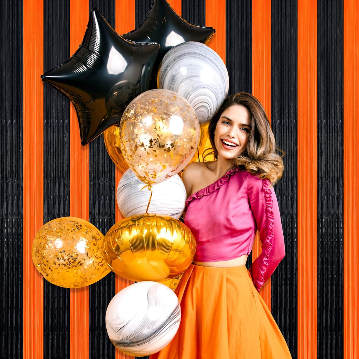3 Pack Black Orange Foil Fringe Curtain Backdrop, 3.28Ft x 8.2Ft Metallic Tinsel Foil Fringe