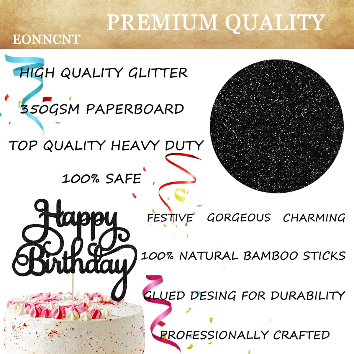Happy Birthday Cake Topper - Black Glitter Birthday Party Cake Decoration Supplies - Happy Birthday