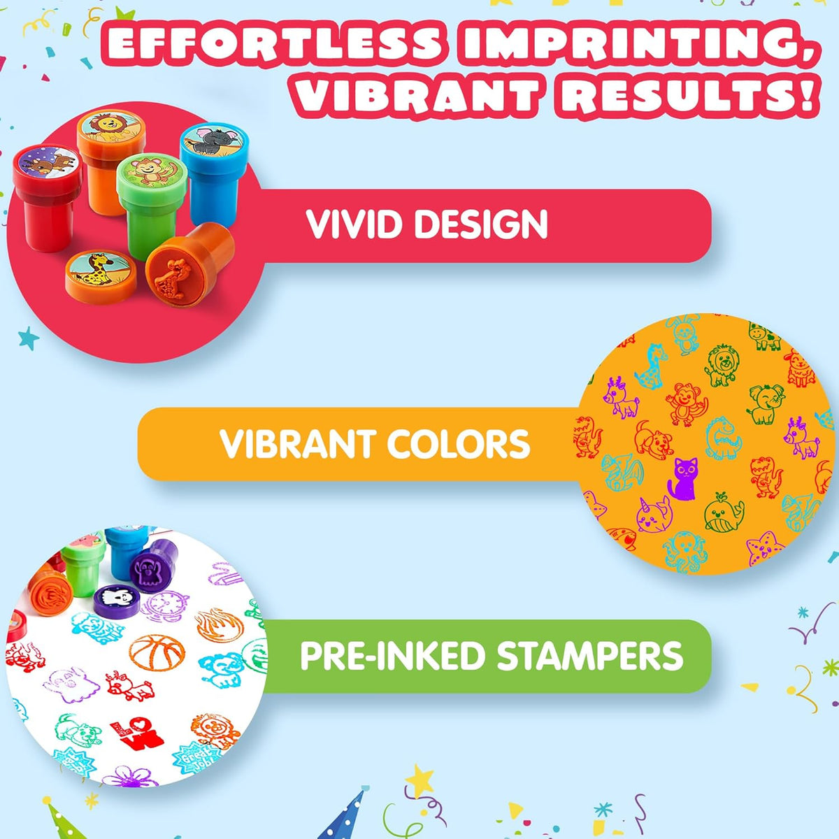JOYIN 50 Pcs Assorted Stamps for Kids - Self-Ink Stamps with 50 Designs for Birthday Party Favor