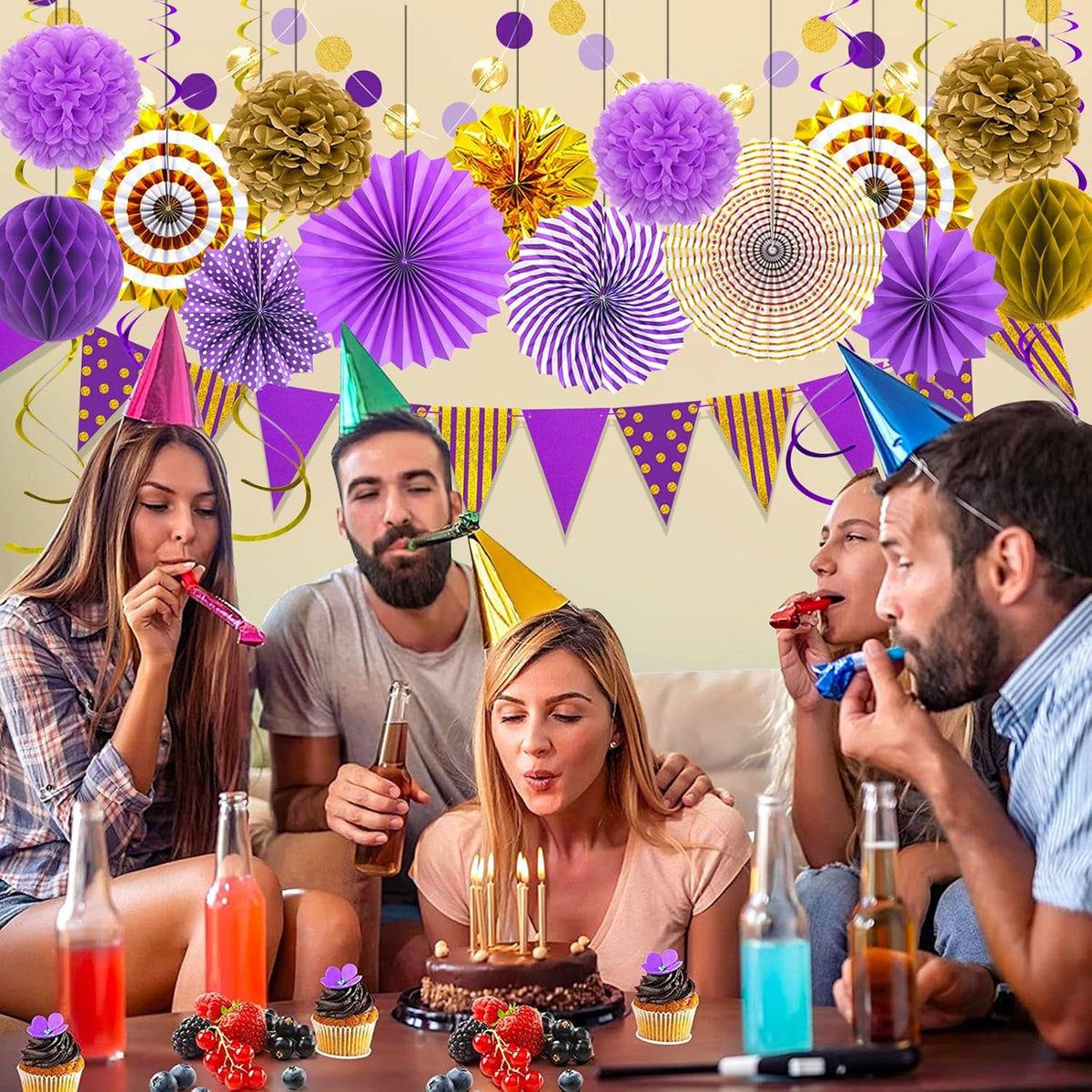 Purple Gold Party Decorations Paper Fans, Graduation Season Hanging Glitter Triangle Flags Banner