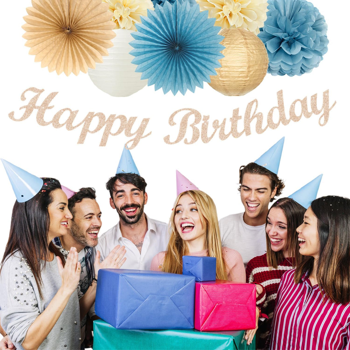 Light-Dusty Blue 18th Happy-Birthday Party-Decorations - 31pcs Women Girls Paper Lanterns Streamers