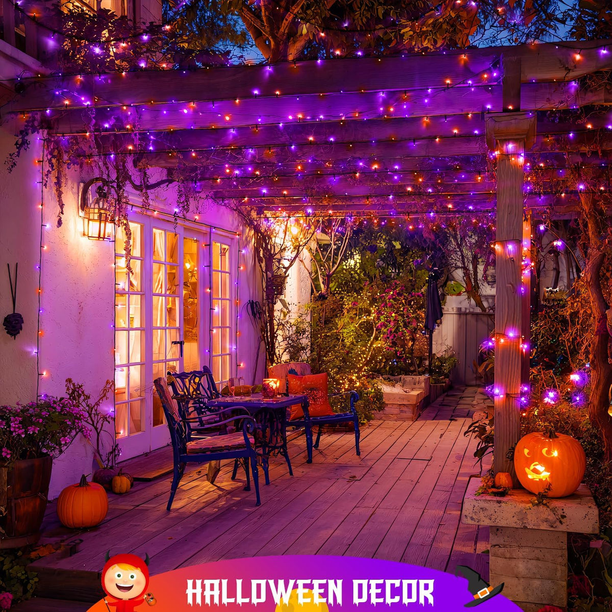 JMEXSUSS Orange and Purple Solar Halloween Lights, 2 Pack Each 100 Led Solar String Lights Outdoor