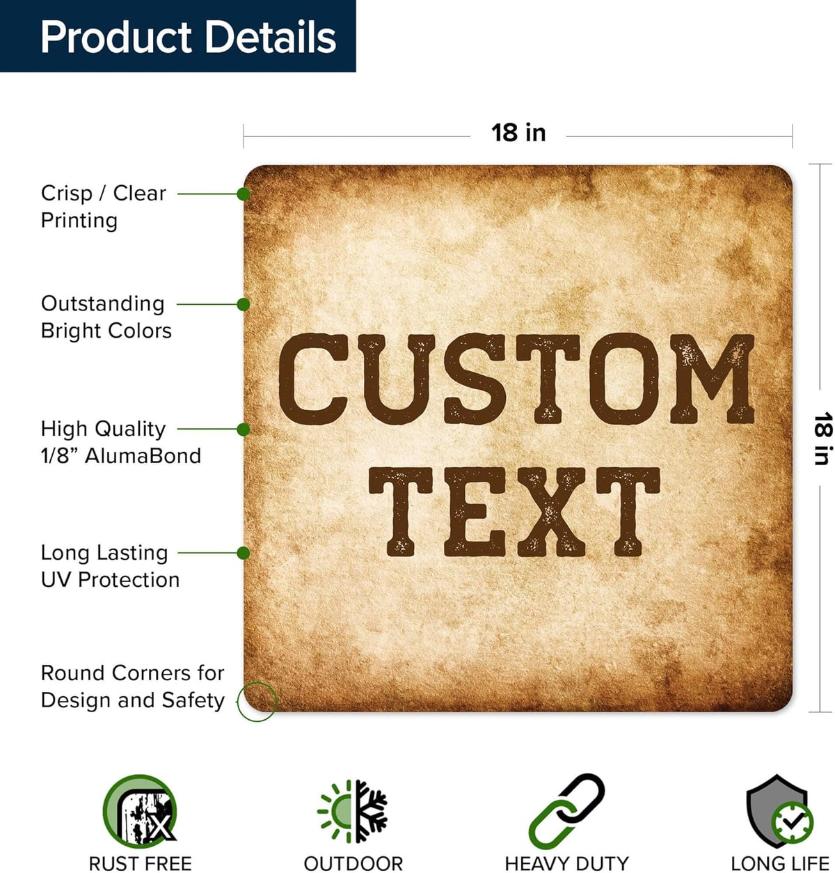 Custom Sign, Custom Street Sign, 11 Font Colors, 13 Font Styles, 4 Hole Options, 22 Sizes, 18x18
