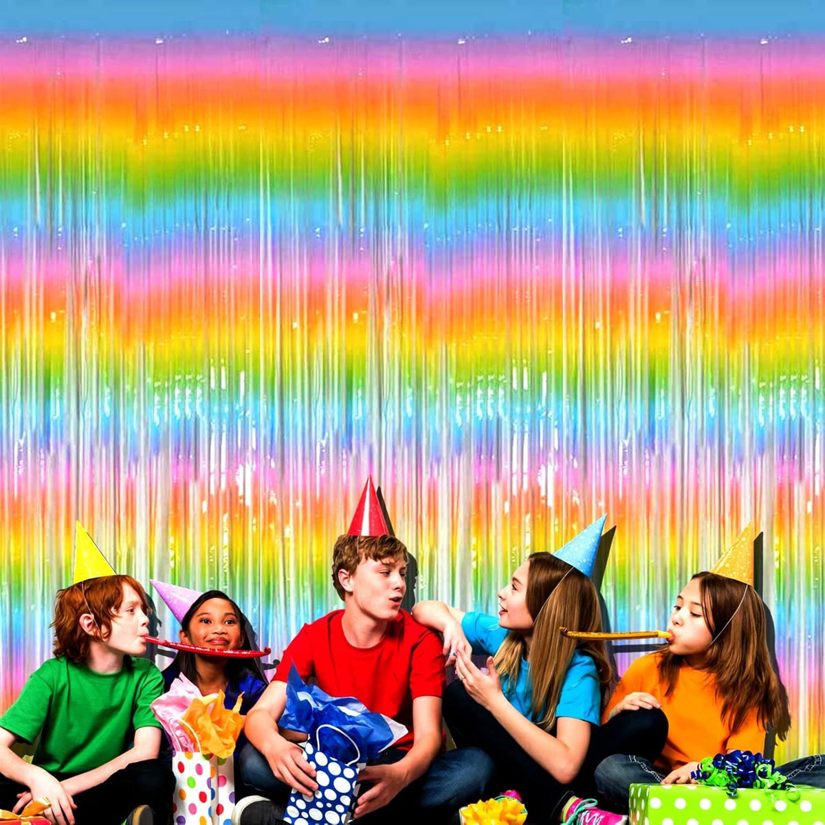 4 Pack Rainbow Tinsel Foil Fringe Curtain Backdrop, 3.28Ft x 8.2Ft Colorful Metallic Streamers for