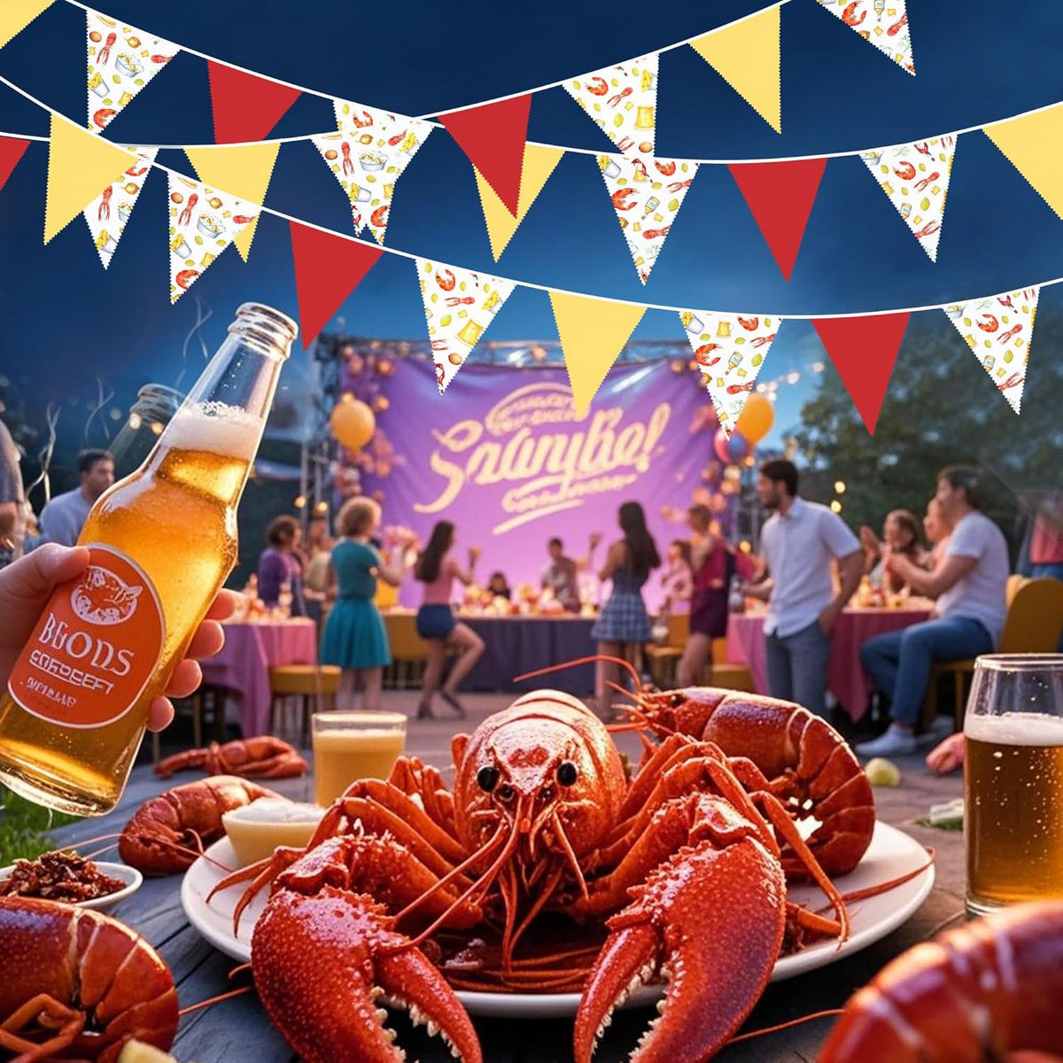 32Ft Crawfish Boil Party Decorations Red Yellow Beer Crawfish Pennant Banner Fabric Triangle Flag