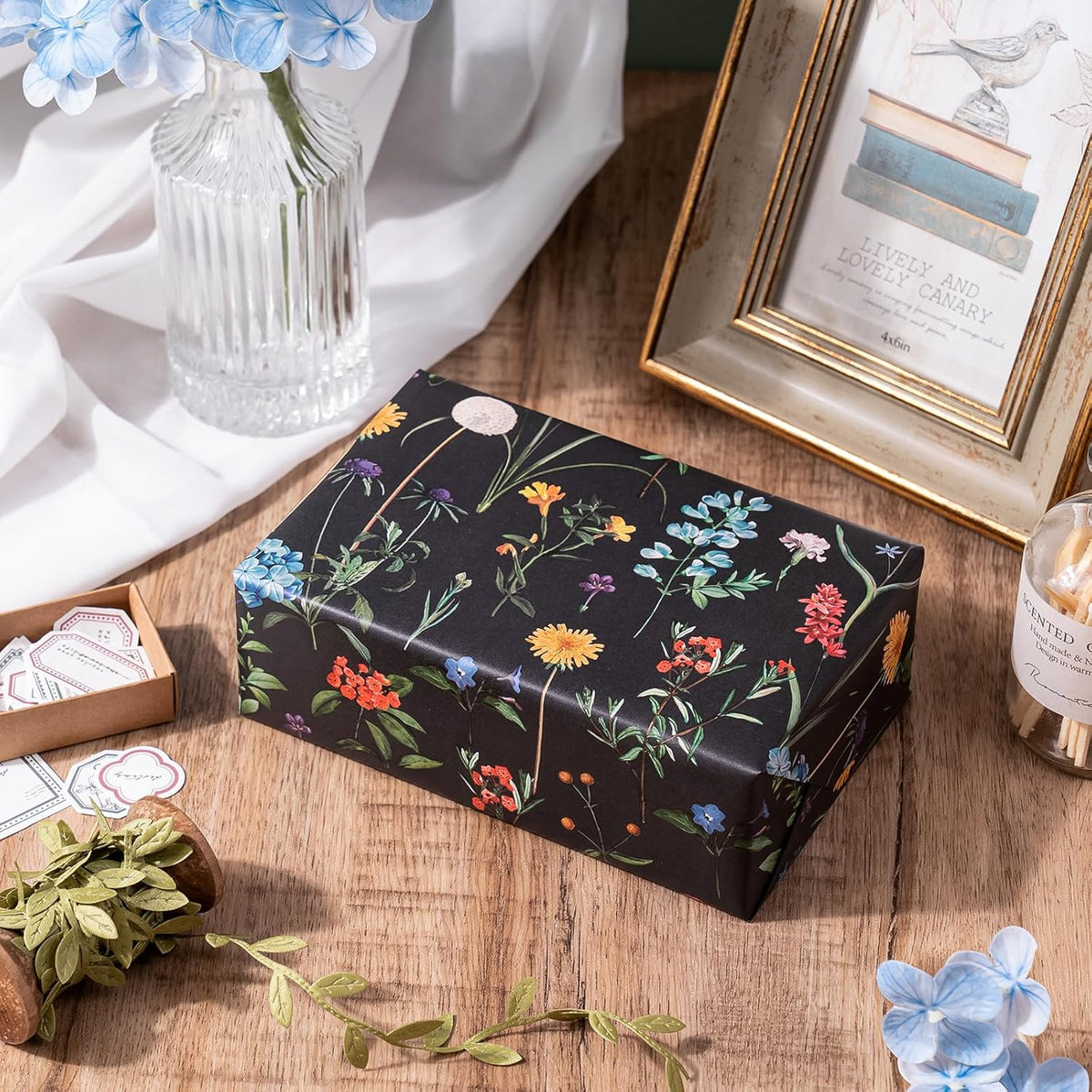 WRAPAHOLIC Kraft Wildflower Wrapping Paper - Mini Roll - 17 Inch x 16.5 Feet - Black Floral