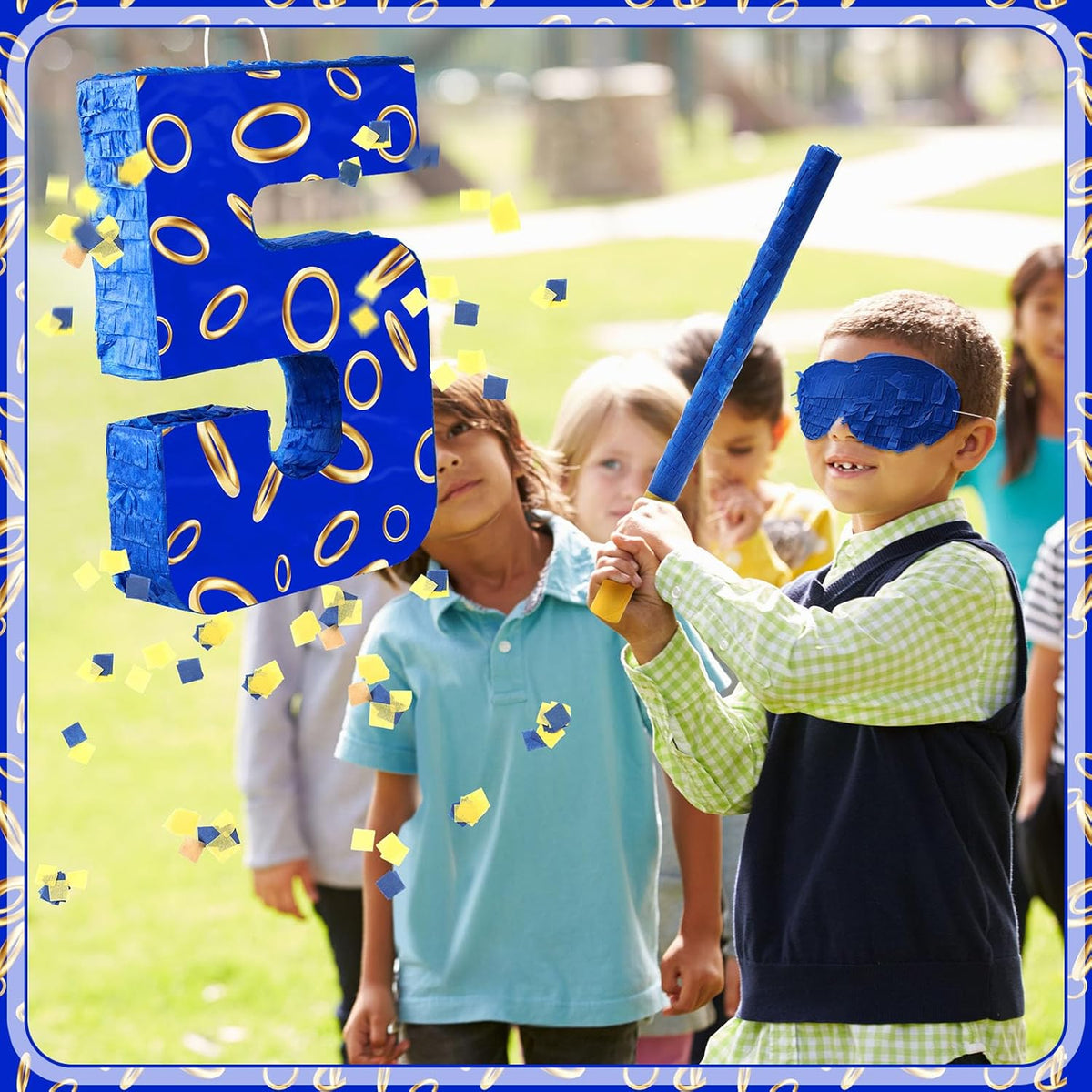 Number 5 Blue and Golden Rings Piñata for Kids Birthday Cartoon Theme Small Piñata with Blindfold