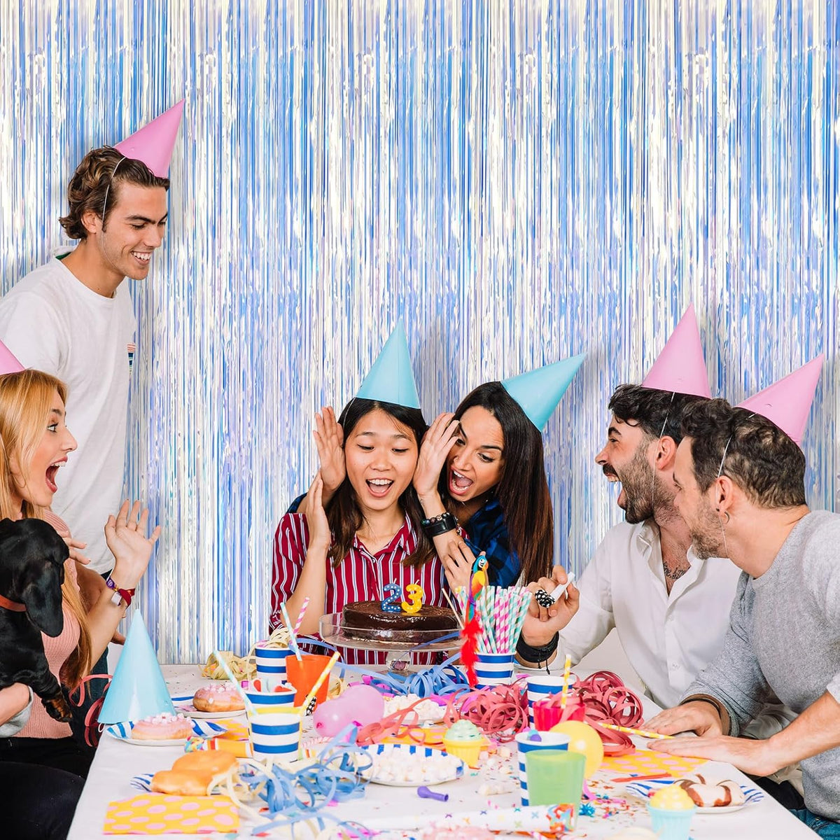 2 Pack Iridescent Party Decorations Foil Fringe Tinsel Backdrop Glitter Curtains Shimmer Wall