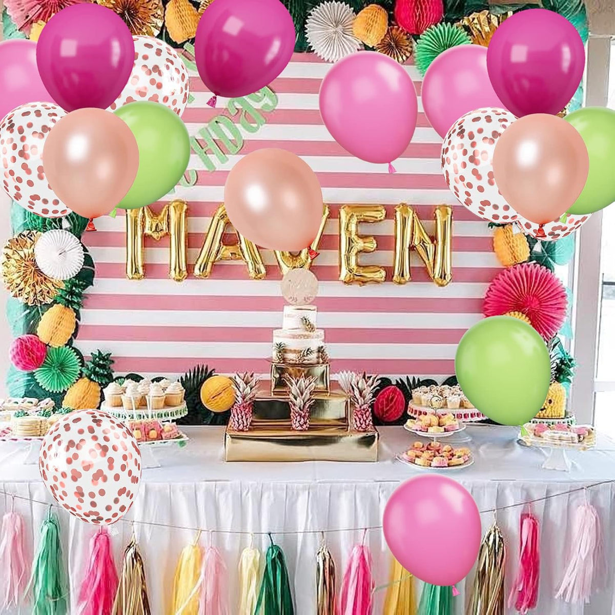 Paready Tropical Party Green Pink Balloons, 60 Pcs 12 Inch Green Hot Pink Rose Gold Confetti
