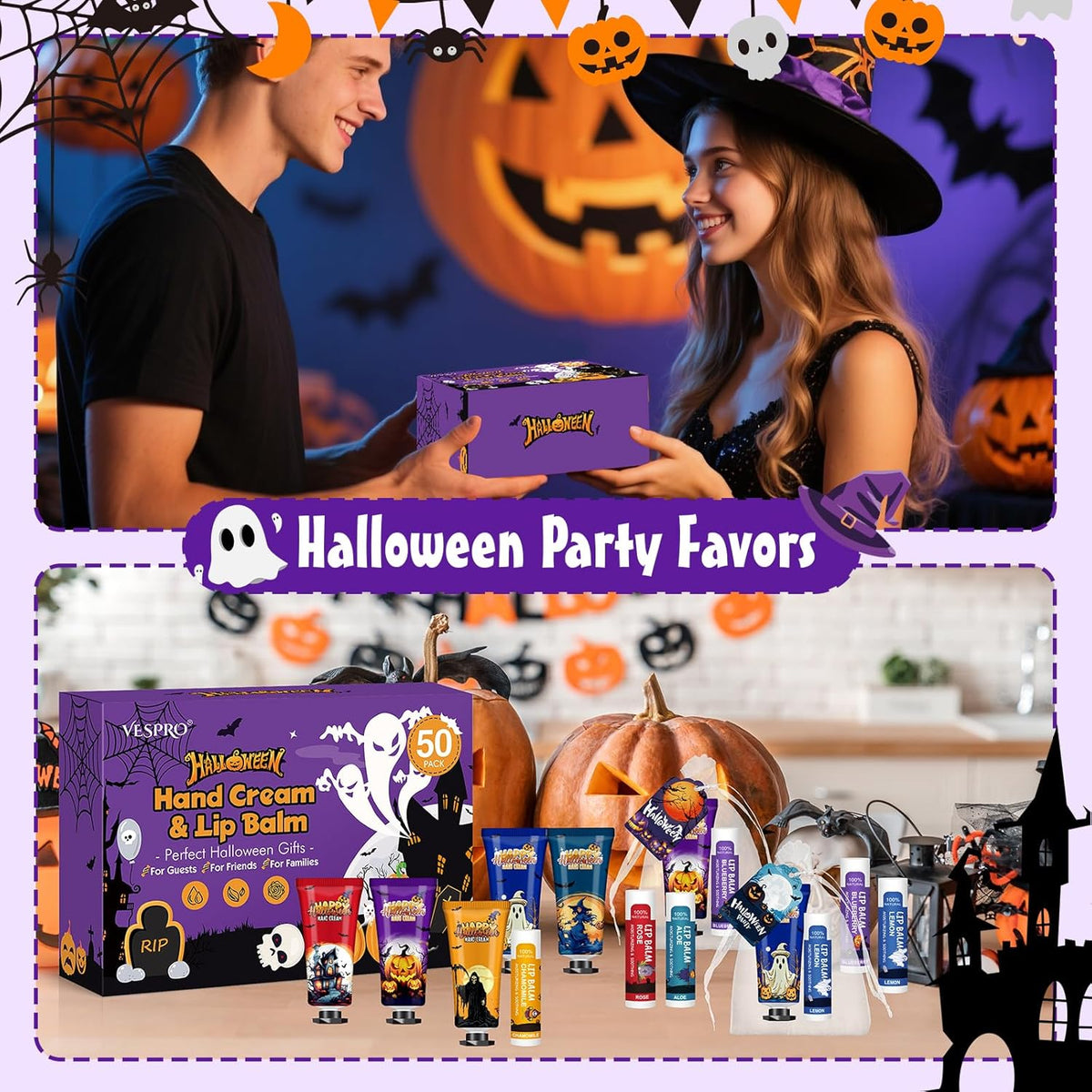 VESPRO 50 Pack Halloween Hand Cream and Lip Balm Set, Bulk Halloween Gifts with Halloween Cards and