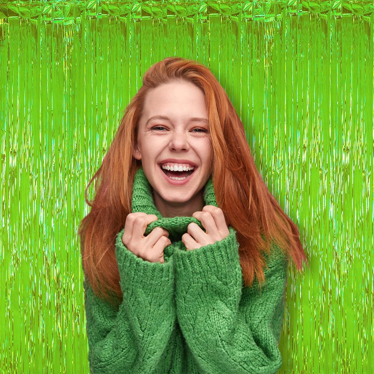 2 Pack Green Iridescent Tinsel Foil Fringe Curtains, Neon Party Decorations, Metallic Tinsel Party