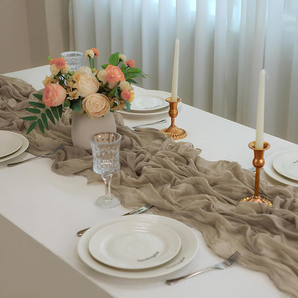 Snowkingdom 10 FT Nude Brown Cheesecloth Table Runner, 120 inch Long Cheese Cloth Boho Rustic Gauze