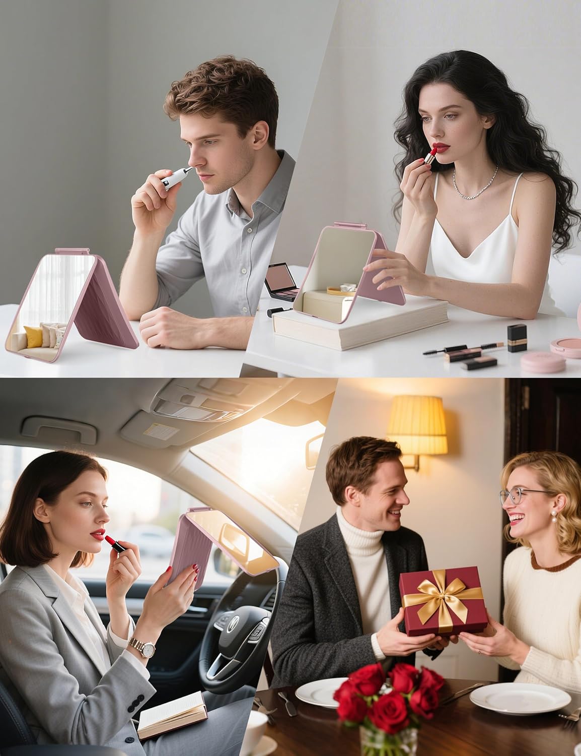 Travel Makeup Mirror with 1X/10X Magnifying, Portable Folding Make Up Tabletop Mirror for Office