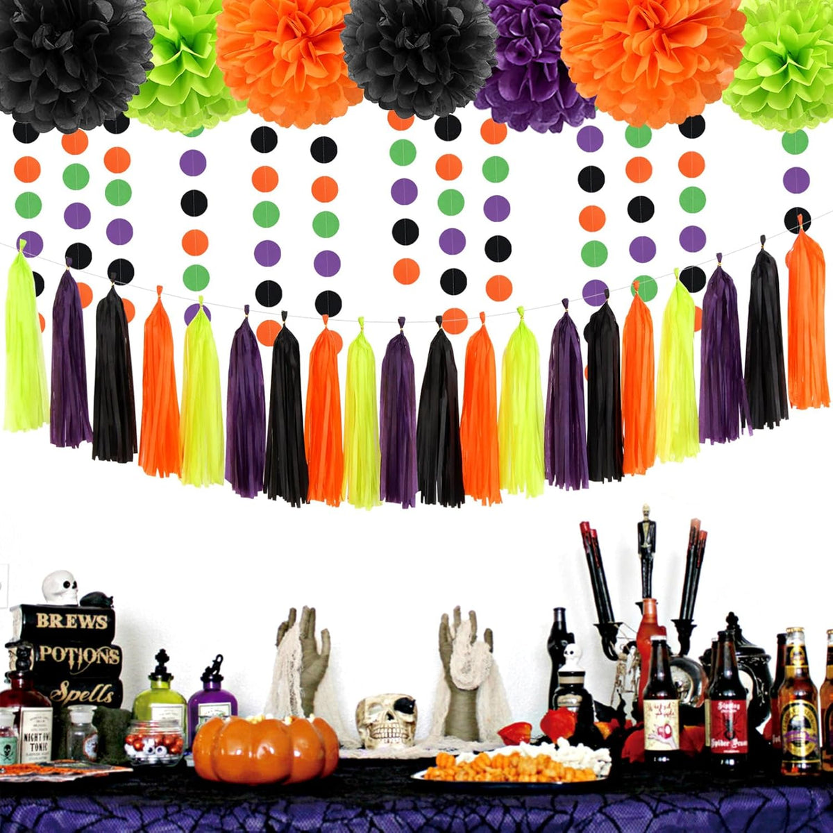 Black-Purple Orange Green Halloween Party-Decorations - 30pcs Tissue Pom Poms Streamers,Tassel