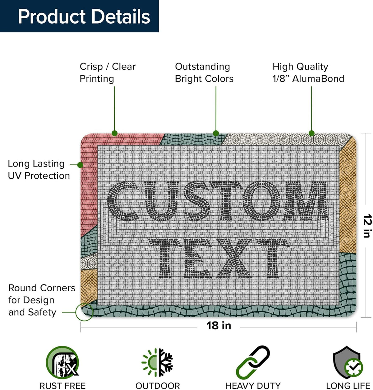 Custom Sign, Custom Street Sign, 11 Font Colors, 13 Font Styles, 4 Hole Options, 22 Sizes, 12x18