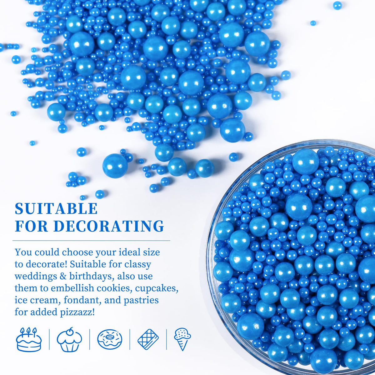 Edible Pearls for Cake Decorating, Blue Pearl Sprinkles, Blue Sprinkles for Cookies, Macaron, Cake