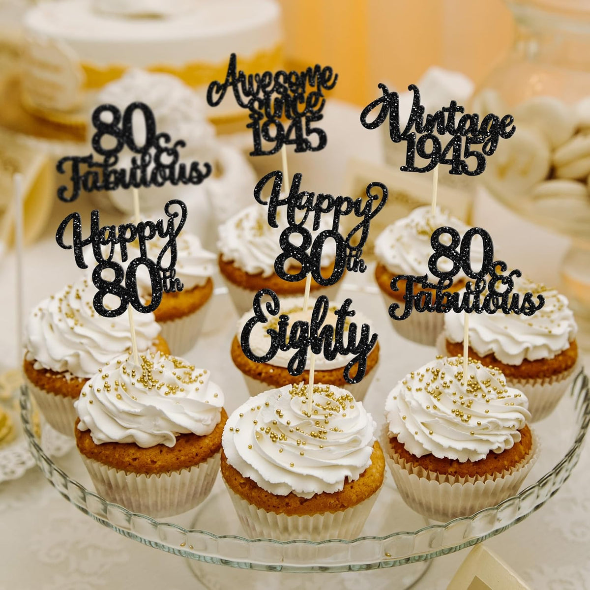 30Pcs Happy 80th Birthday Cupcake Toppers Glitter Awesome Since 1945 Eighty 80 Fabulous Vintage