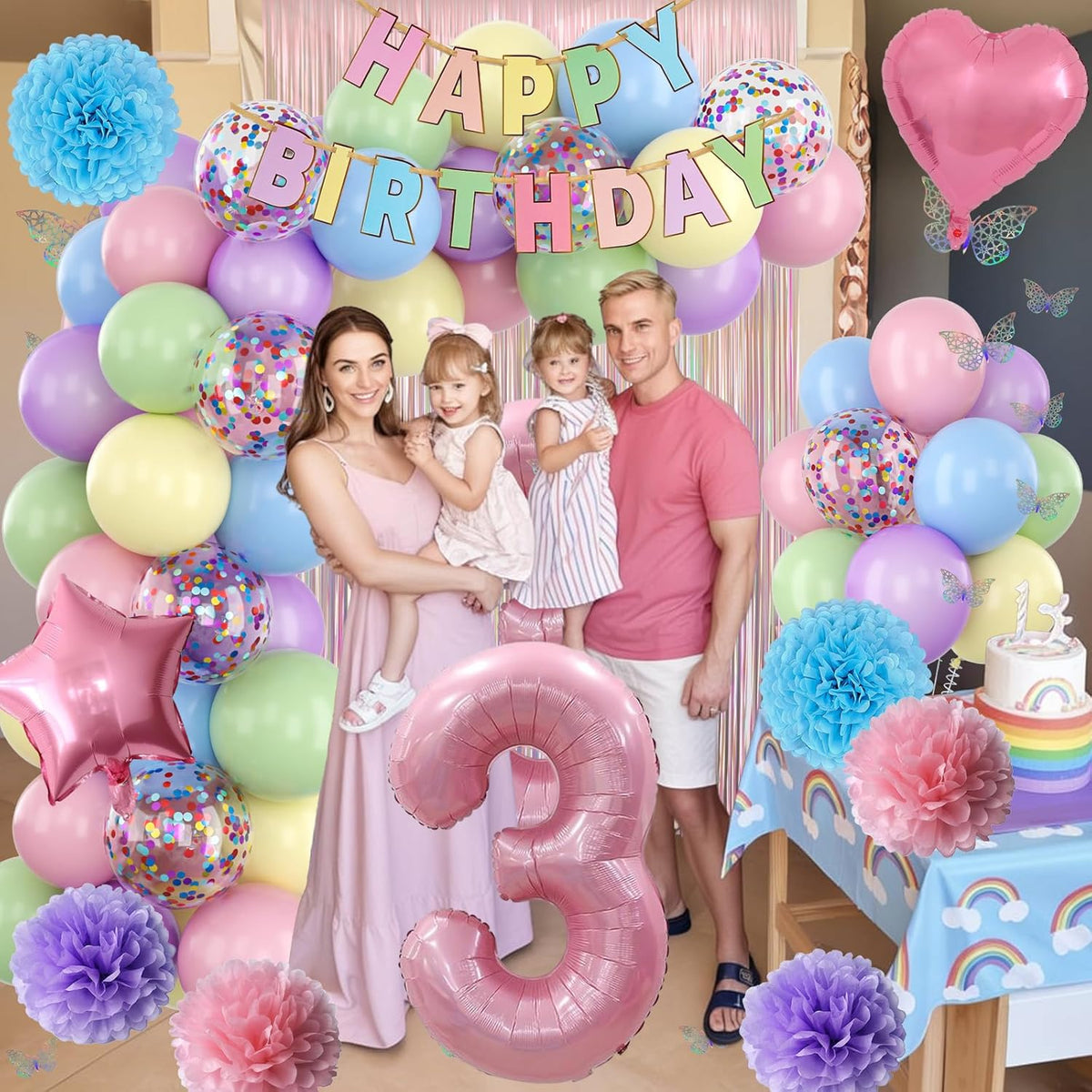 Pastel 3rd Birthday Party Decorations for Girls Number 3 Balloon Happy Birthday Banner Butterfly