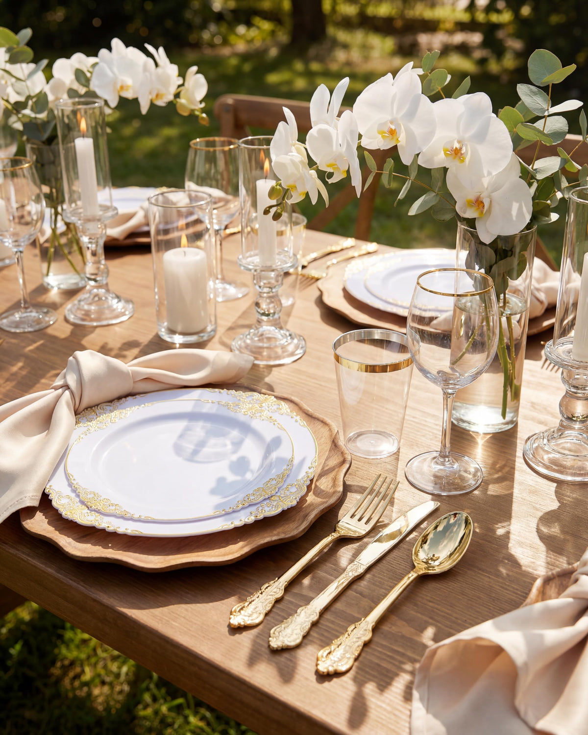 Nervure 350Pcs Gold Plastic Plates, Disposable Dinnerware Set for 50 Guests
