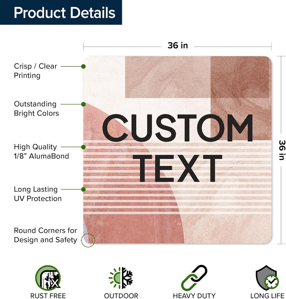 Custom Sign, Custom Street Sign, 11 Font Colors, 13 Font Styles, 4 Hole Options, 22 Sizes, 36x36