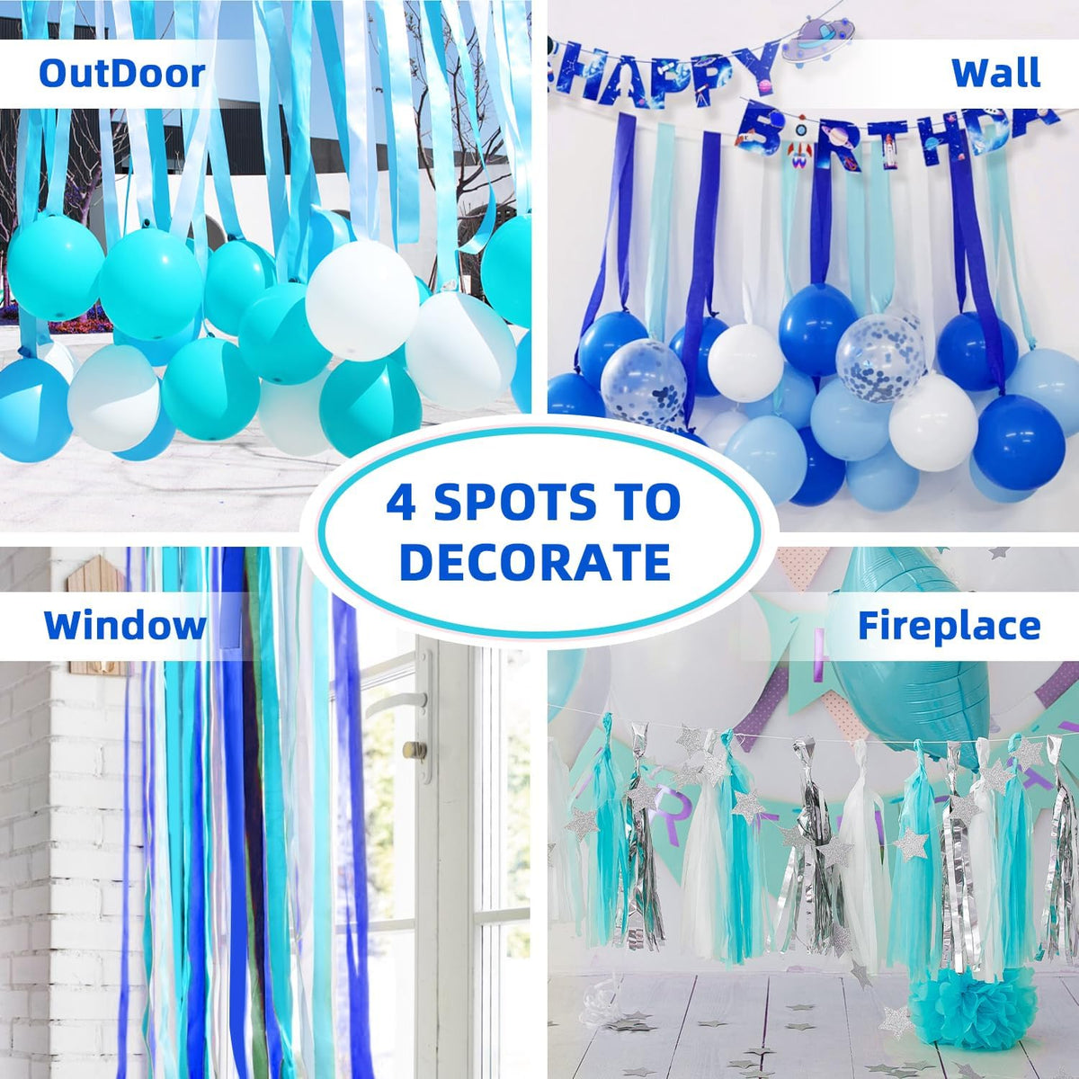 Crepe Paper Streamers 8 Rolls 656ft, Pack of Blue, Pastel Blue, Royal Blue, White Party Streamers