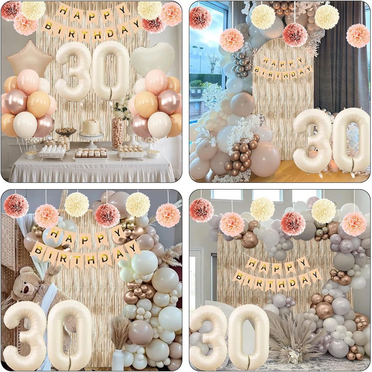 Beige 30th Birthday Decorations for Her Cream Number 30 Balloon Nude Gold Happy Birthday Banner